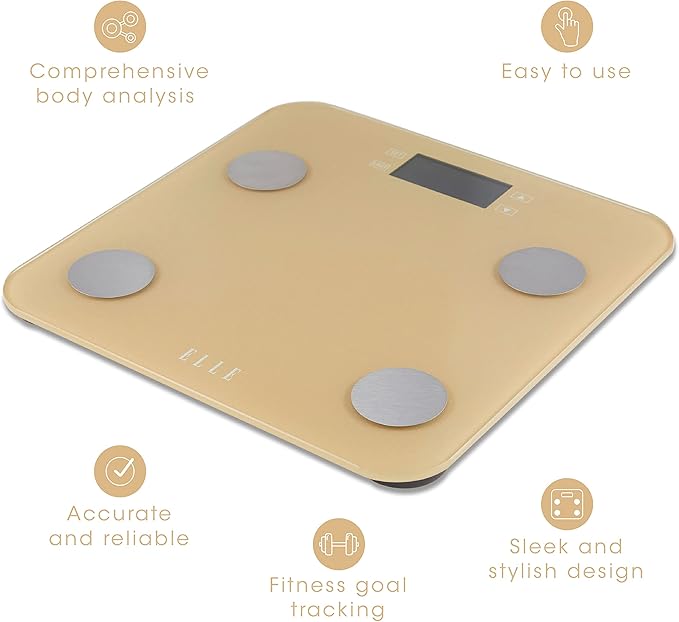 ELLE Digital Body Weight Scale with BMI Analyzer and 7 Fitness Indicators Gold LCD Display 400 lbs Capacity Tempered Glass Platform