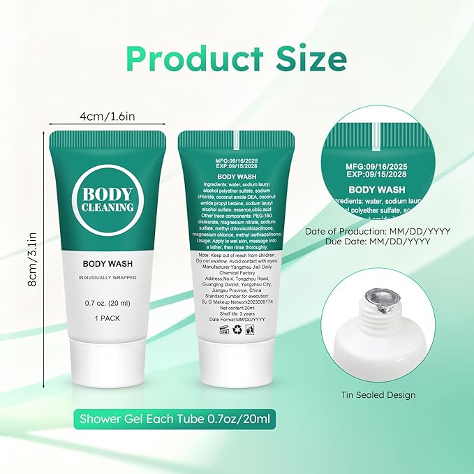 Travel Size Body Wash Mini Shower Gel Set 20 ml Individually Wrapped Bulk Trial Sample Small Single Use Toiletries Amenities Kit for Men &amp Women for Hotel/Camping/Homeless 0.7 Fl Oz (Pack of 100