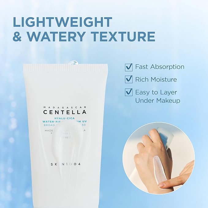 SKIN1004 Centella Hyalu-Cica Water-Fit Sun Serum UV Korean Sunscreen SPF 50 Centella Sunscreen Travel Essentials Sunscreen with Hyaluronic Acid No White Cast Korean Skin Care 1.69 fl.oz / 50ml