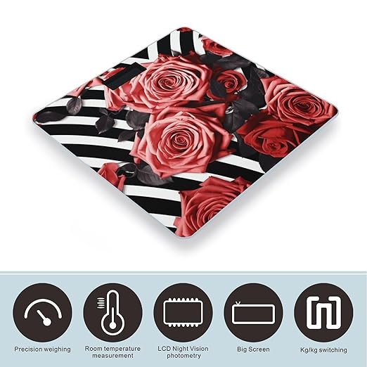 Roses Flower Floral Zebra Stripes Scale for Body Weight Anti-Slip Sturdy Tempered Glass Weighing Machine Highly Digital Accurate Bright LCD Bathroom Scale for Household Gift