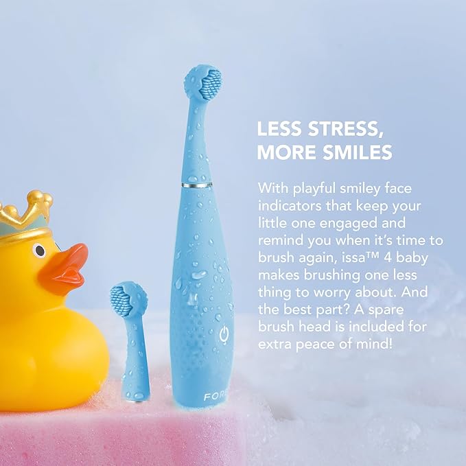 FOREO ISSA 4 Baby – Silicone Sonic Electric Toothbrush Bundle for Babies 2-Sided Bristles Fun Smile Feature Gum Massage 12 Months of Care with Extra Brush Head Travel-Friendly - Bubble Blue