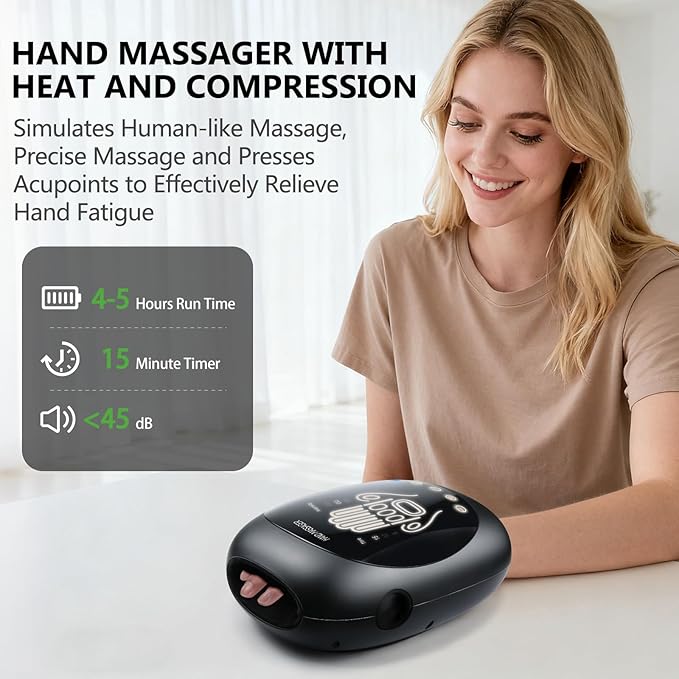 FSA Hand Massager with Heat and Compression for Arthritis Pain Relief with 5-Finger Individual Therapy Wrist Support Fits All Hand SizesRechargeable &amp Portable(Black)