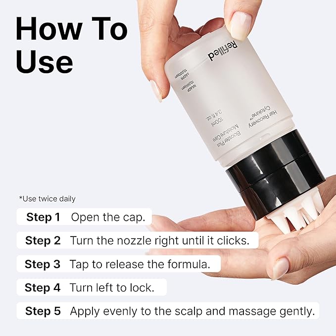 REFILLED Booster Plus Moisture | Hair Growth Serum &amp Thickening Scalp Treatment with Built-in Massager for Men &amp Women | Hair Loss &amp Thinning | Fuller &amp Baby Hair Regrowth | Fast-Absor