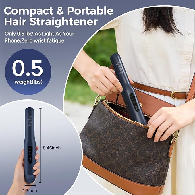 Cordless Hair Straightener Portable Hair Straightener Dual Voltage Travel Hair Straightener 2-in-1 Straightener &amp Curler USB-C Fast Charging Titanium Alloy Panel with Clips - Blue-Grey