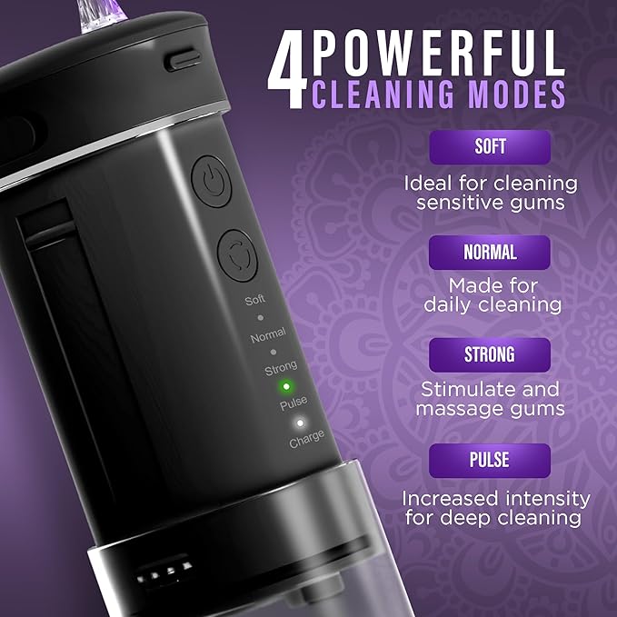 GuruNanda Compact Water Dental Flosser Portable Travel Size Oral Irrigator Flosser with Collapsible 180 ml Tank Smart Timer 4 Flossing Modes TSA-Friendly - Black