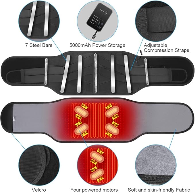Cordless Heating Pad Back Massager Brace Rechargeable Heated Back Brace and Massage Belt for Lower Back Pain Relief(M)