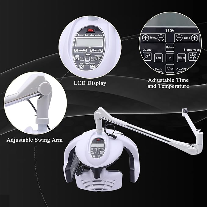 Wall Mounted Hair Dryer Professional Hair Dryer Heater 110V 1250W Hair Hood Dryer w/LCD Display Adjustable Swing Arm Hair Dryer Hair Processor for Hair Salon White