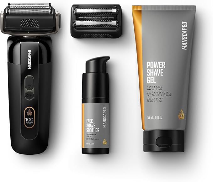 MANSCAPED® The Chairman™ PRO Package - Men’s Electric Face Shaver with Two Interchangeable Blades SkinSafe® Four-Blade Foil &amp Stubble Trimmer Power Shave Gel Face Shave Soother Aftershave