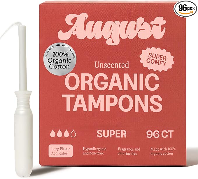 August Organic Cotton Tampons 96 Super Tampons Made with Organic Cotton Long Applicators Non-Toxic Fragrance-Free Chlorine-Free and Hypoallergenic (6 Boxes of 16/12 Boxes of 8)