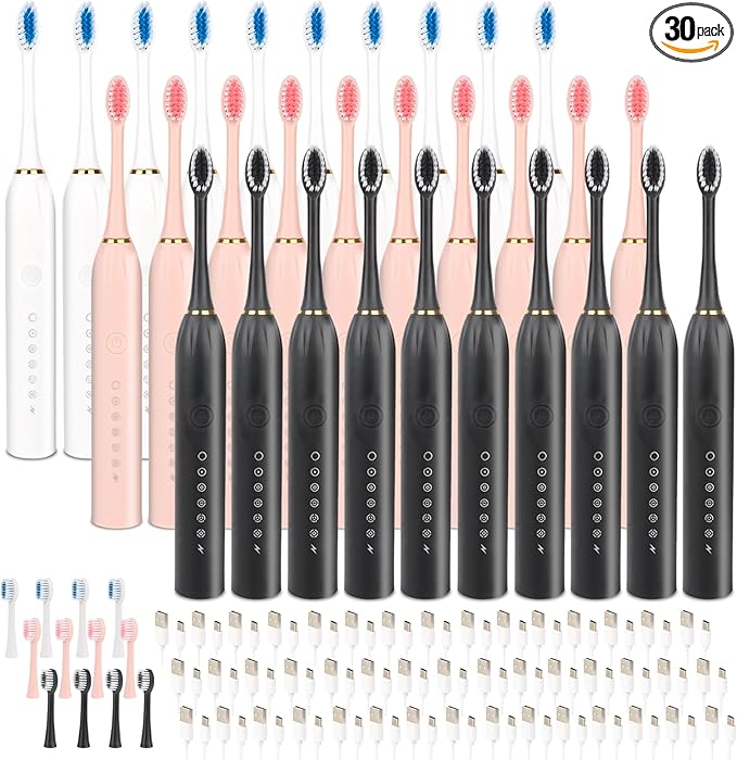 30 Pack Adult Electric Toothbrush Rechargeable Sonic Electric Toothbrush with 4 Brush Heads 6 Modes Timer Function IPX7 Waterproof 3 Colors Available