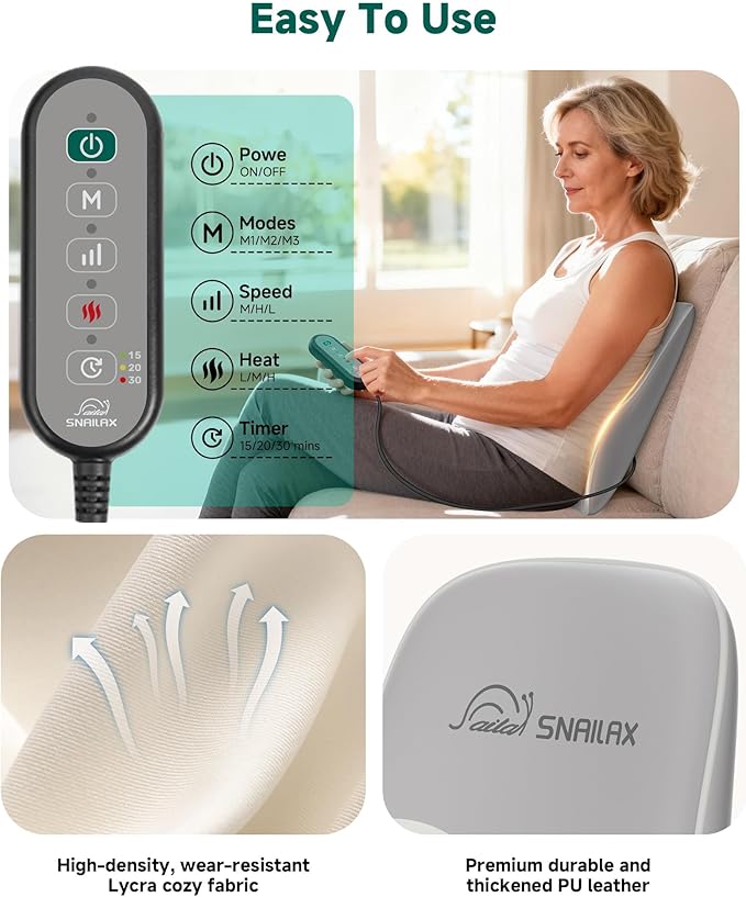 Snailax Shiatsu Back Massager with Heat 4D Kneading Neck Massager Back Neck Shoulder Massager for Pain Relief Deep Tissue 3 Speed/3 Modes Portable for Home Office Car Use
