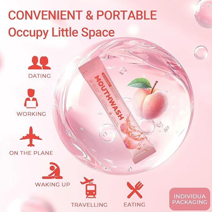 Travel-Size Alcohol &amp Fluoride Free Peach Mint Mouthwash Packets 60 Individually Wrapped Portable Packs for Adults Fresh Breath Peach Mint Flavored Mouthwash for Oral Hygiene 0.63 Fl Oz Each