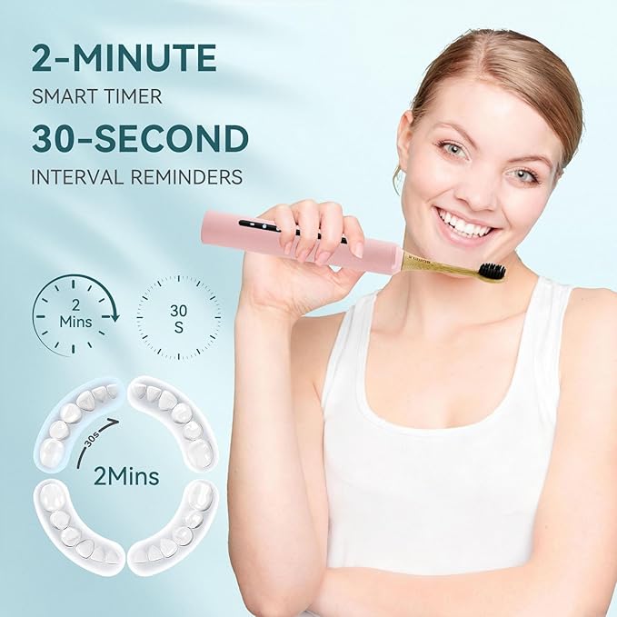 Bamboo Electric Toothbrush for Adults丨Rechargeable Electric Toothbrush with 3 Non Toxic Charcoal Infused Bamboo Brush Heads 5 Cleaning Modes 60 Days Battery Life IPX7 Waterproof-Pink