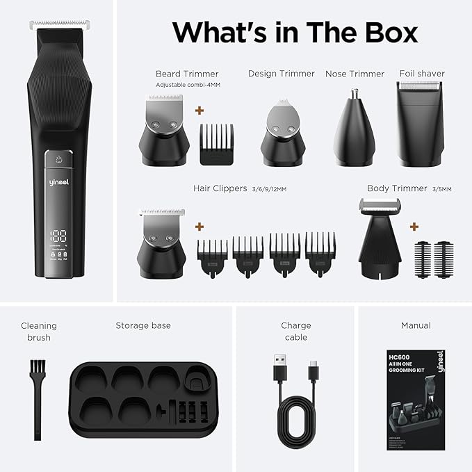 Yineel HC600 Beard Trimmer for Men All-in-One Cordless Grooming Kit Waterproof Electric Razor &amp Hair Clipper for Face Mustache Body Nose Hair Trimming Precision Blades Gifts for Men Barber