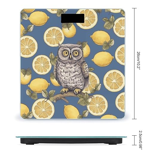 Lemon and Owl Scale for Body Weight Anti-Slip Tempered Glass Digital Bathroom Scales Clear LCD Display Weighing Scale Safe Rounded Corners Smart Scales