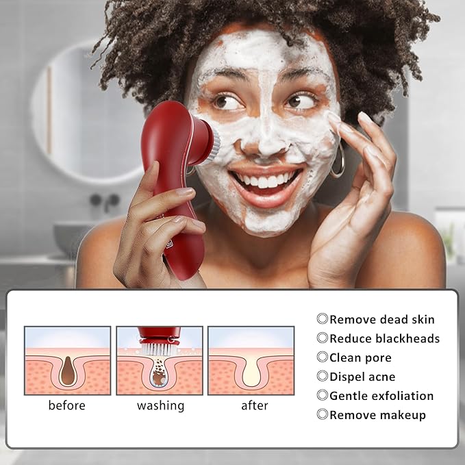 Facial Cleansing Brush Electric Face Scrubber Facial Cleansing Brush Rechargeable IPX-7 Waterproof Rotating Face Scrubber for Exfoliating Massaging and Deep Cleansing with 4 Brush Heads
