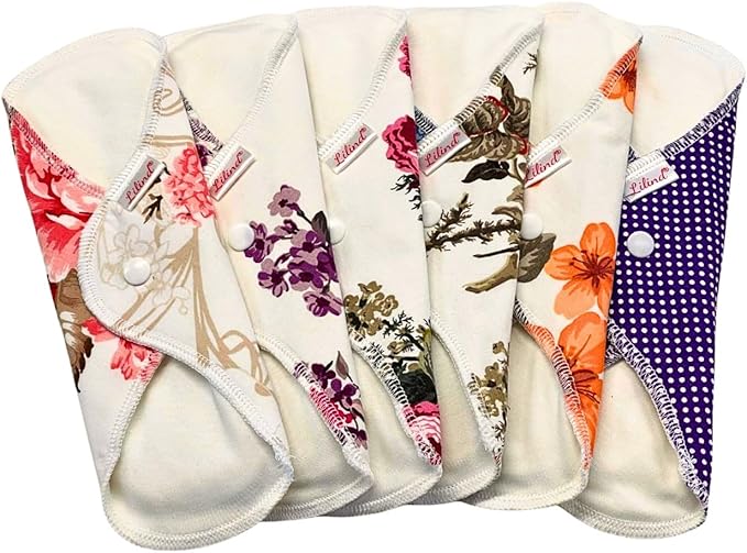 Lilind® 6 Pack Everyday 9 Regular Organic Cloth Pads on Random Color Reusable Menstrual Sanitary Napkins 100% Cotton