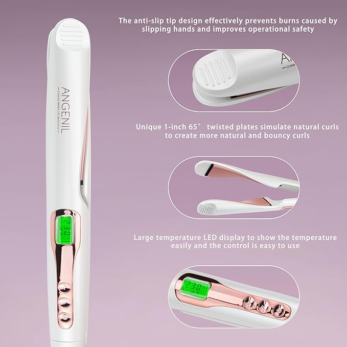 ANGENIL Pro Tourmaline Ceramic Twist Hair Straightener Dual Voltage Flat Iron Curling Iron in One Round Flat Iron with Silicone Heat Resistant Mat LCD Display 11 Adjustable Temp 20S Fast Heating