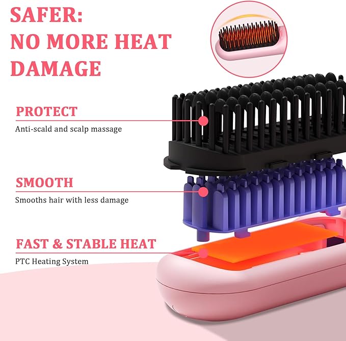 Cordless Hair Straightener Brush - Portable Hair Brush for Travel - 30s Fast Heating - Portable Straightening Brush for Travel Mini Hot Straightening Comb for Women