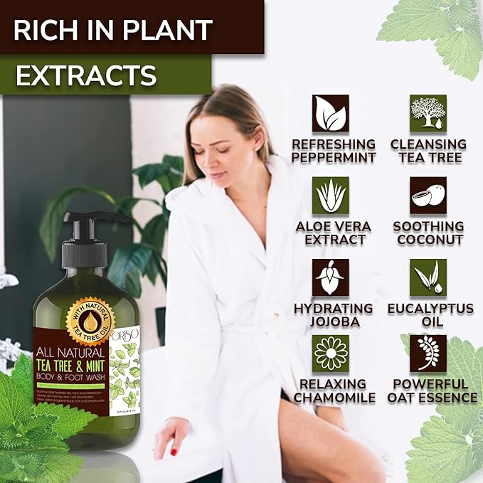 Tea Tree Oil Body Wash and Tea Tree Oil Body Wash with Mint - Helps Athletes Foot - Eczema - Toenail Fungus - Body Odor - For Hydrating Sensitive Skin