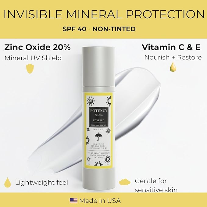 POTENCY No. 710 Covered SPF 40 Mineral Sunscreen - Broad Spectrum Protection - Invisible on All Skin Tones - Fragrance-Free - Reef-Safe Formula - Lightweight Daily Protection - Made in the USA - 4 Oz