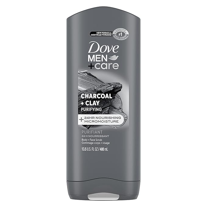 Dove Purifying Charcoal + Clay Body and Face Wash with 24-Hour Nourishing Micromoisture Technology Body Wash for Men 13.5 oz