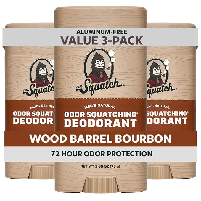Dr. Squatch Natural Men’s Deodorant – Aluminum Free Natural Deodorant Men with Charcoal &amp Postbiotics for 72-Hour Odor Protection – Wood Barrel Bourbon 2.65oz Stick (3-Pack)