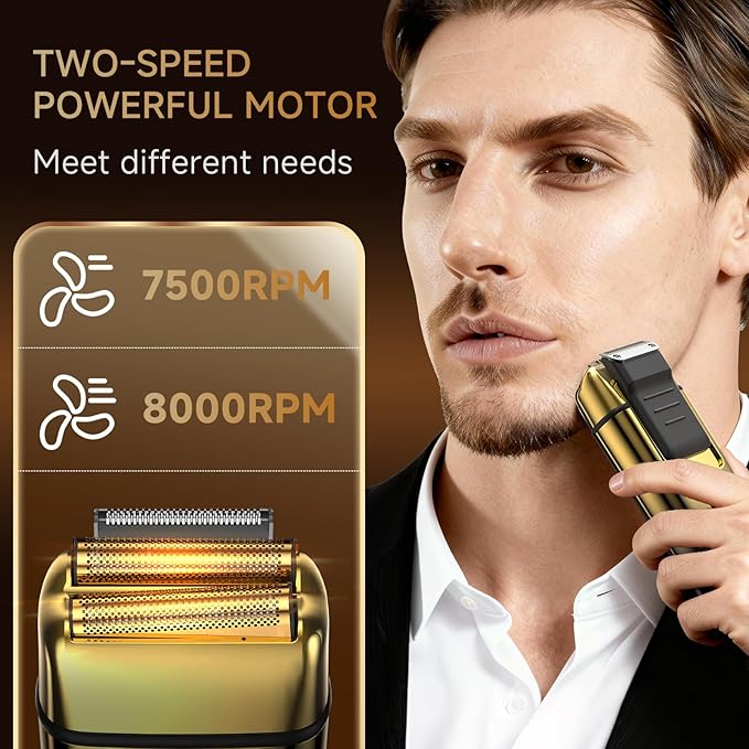 Electric Foil Shaver for MenElectric Razor with Pop-up TrimmerCordless Beard TrimmerWaterproofWet &amp Dry ShavingLED Display2-Speed Mode (Gold)