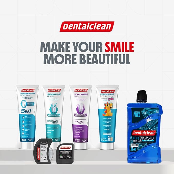 Dentalclean Alcohol-Free Mouthwash 33.8 Fl Oz (Blue Diamond Mint) + Pack of 4 Toothpaste Gel – Sensitivity Relief – Mild Mint – 3.7 oz