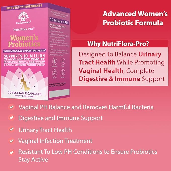 Nutricelebrity Probiotics for Women 10 Billion CFU 6 Strains Organic Prebiotics for DigestiveVaginal&ampImmune HealthPH Balance &amp Feminine HealthPeriod Pain BV Relief Cranberry Extract+ 3 P