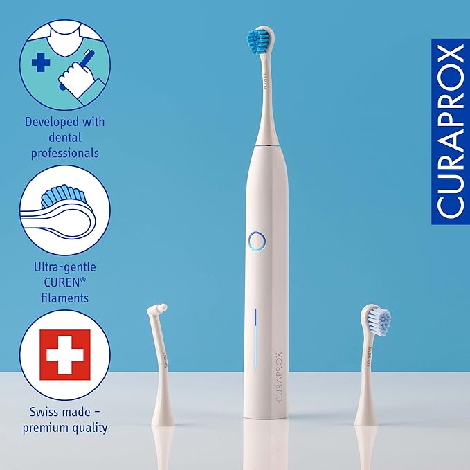 Curaprox Hydrosonic Pro Sonic Toothbrush – for Sensitive Teeth Implants and Braces | Professional Cleaning at Home | Set with Three Brush Heads