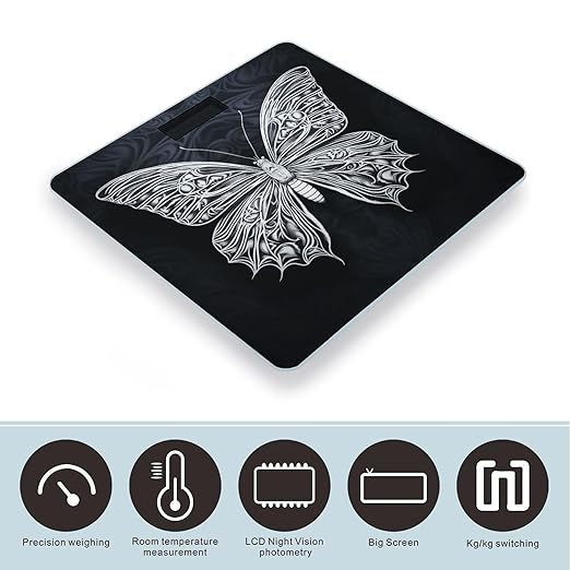 White Butterfly on Black Background Smart Scale for Body Weight Accurate Bathroom Scale with LED Display Digital Weight Scales Weighing Machine High Precision Scales for Bath Home