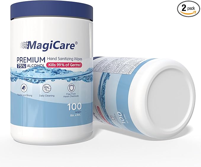 MagiCare 75% Large Alcohol Wipes (2 Canisters) - Alcohol Hand Sanitizing Wipes Unscented - Premium Hand Wipe Sanitizer Wipe - Home Classroom Cleaning Camping - 2 100ct Canisters (200pcs)