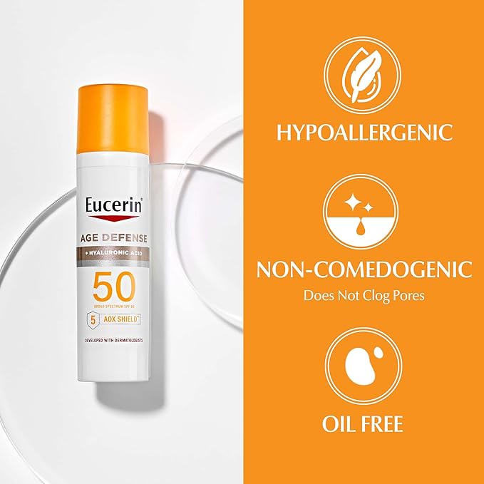 Eucerin Sun Advanced Hydration SPF 50 Sunscreen Lotion (5 Fl Oz) + Age Defense Face Sunscreen Lotion SPF 50 (2.5 Fl Oz) Hypoallergenic and Lightweight Sun Protection with Hyaluronic Acid