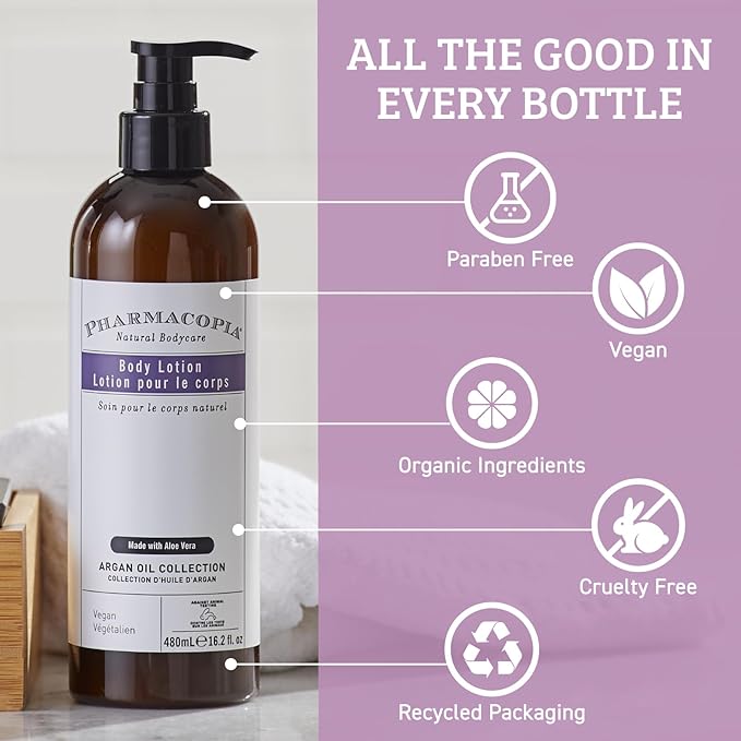 Pharmacopia Hotel Argan Oil Body Wash &amp Body Lotion Bundle – Hydrating Aromatherapy Body Care - Plant Based &amp Organic Ingredients – Vegan Cruelty Free No Parabens Set of 2 16oz Bottles