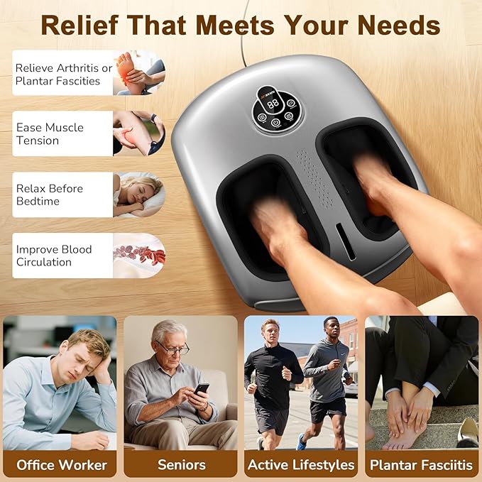 Shiatsu Foot Massager Machine with Heat : Deep Kneading Foot Massager with Vibration &amp Compression for Plantar Fasciitis &amp Neuropathy - for Women &amp MenRelax for Home Office Use (Silver)