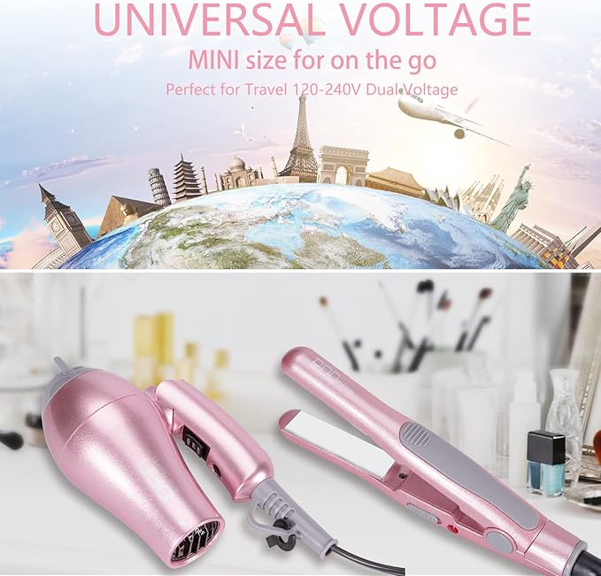 DAN Technology Flat Iron Blow Dryer Set Small Flat Irons with Travel case Concentrator Nozzle &amp EU Plug Adapter Dual Voltage &amp Folding Handle Pro Hair Dryer Set…