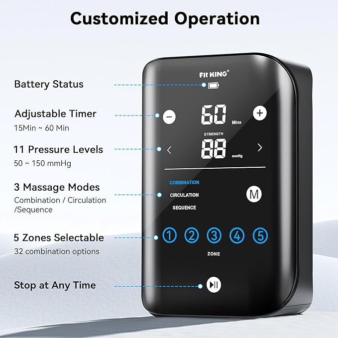 FIT KING Cordless Recovery System Professional Air Compression Massager Reduces Muscle Pain and Improves Circulation Warm-up and Fast Recovery for Athletes Customized Zone Massage Optional (Large)