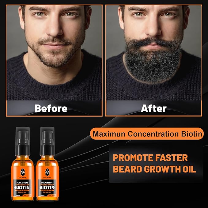 Beard OilMaximun Thickening Biotin with Castor Oil and Argan &amp Jojoba Oils Promotes Beard Growth Styles Strengthens &amp Softens Beards &amp Mustaches1 Ounce*2（2 Pack）
