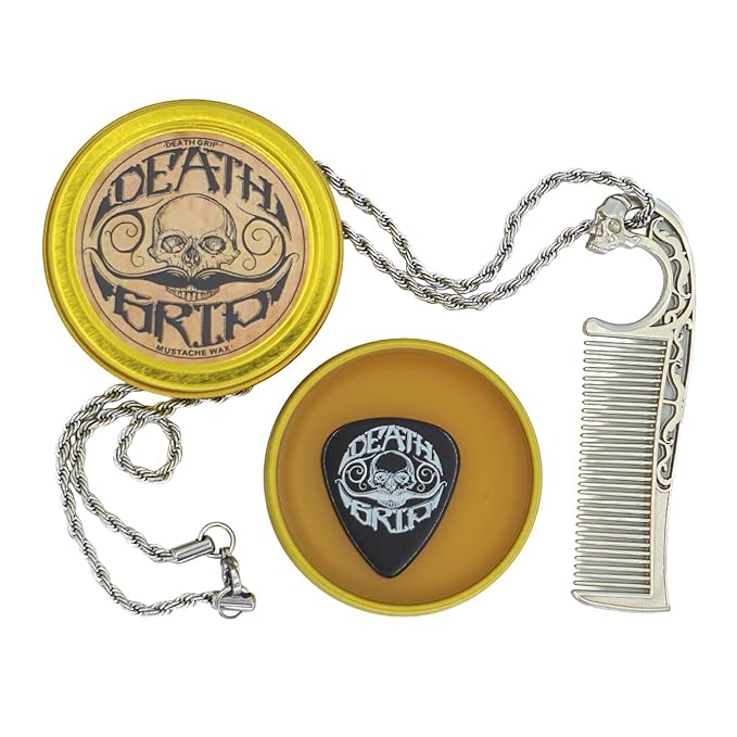 Mustache Wax Extra Strong Hold Death Grip 1 oz Tin &amp Necklace Death Grip Mustache Comb Mens Combo Kit - Grooming For Men Handlebar Moustache