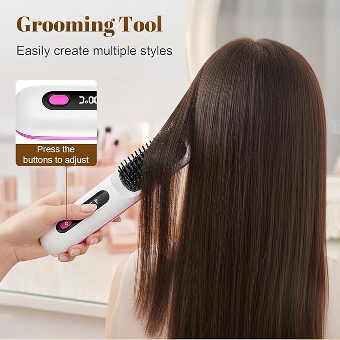 2026 New Brush Pro Brush Pro Portable Straightener Brushs for Travel with LCD Temperature Display Portable Hair Straightener Fast Heating Cordless Mini Hair Brushs (Purple)