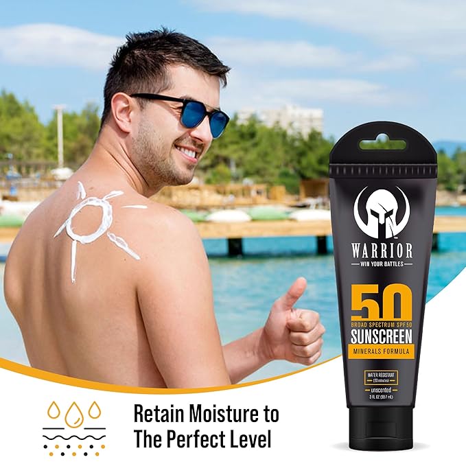 Warrior SPF 50 Sunscreen Lotion (2 Pack) - Reef Safe Unscented Lotion Water Resistant - 3 Fl. Oz Each - Carabiner Clip for Travel Products and More