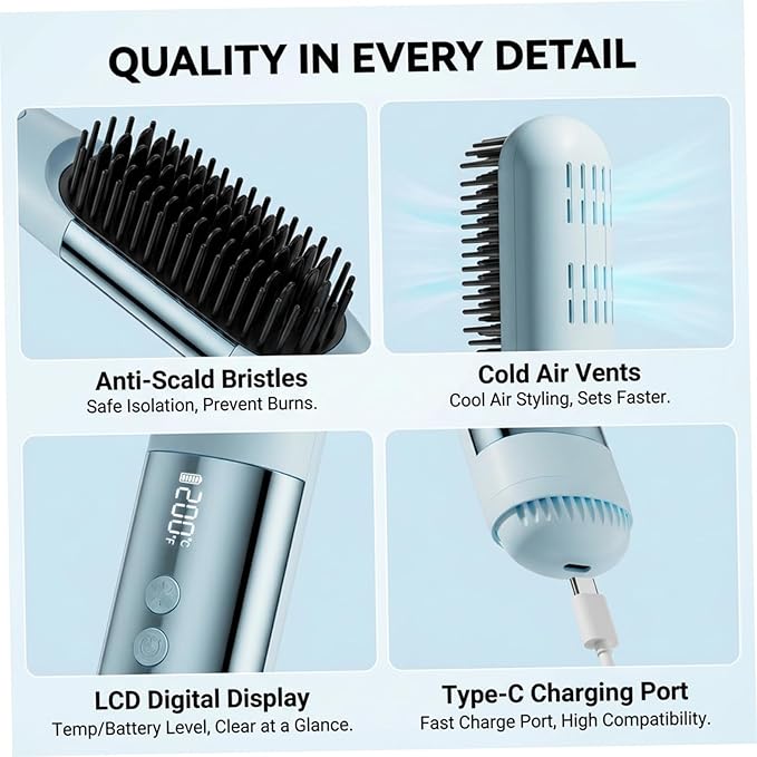 Cordless Hair Straightener Brush Cool Air Portable Hair Straightener for Quick Styling 30-Second Heat Up 3 Temperature Settings for All Styles| Combs