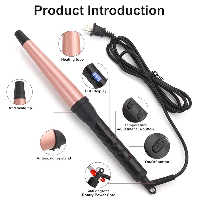 Professional Ceramic Tapered Curling Wand - 1/2 to 1 Inch Hair Curler with LCD Display &amp 14 Heat Settings for All Types(0.75-1.25 Inch)