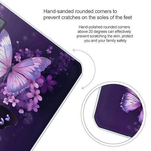 Beautiful Purple Butterfly Art Scale for Body Weight Safe Rounded Corners Tempered Glass Digital Bathroom Scale LED Display 400lb Capacity Weight Scales with High Precision Sensors