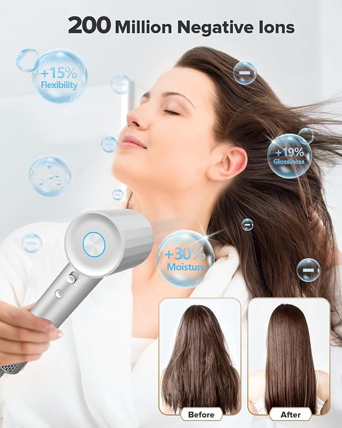 FENTGO Negative Ionic High Speed Hair Dryer Professional Brushless Blow Dryer for Fast Drying 2 Speeds &amp 4 Temps Thermo-Control Lightweight &amp Quiet Hairdryer for Home &amp Travel