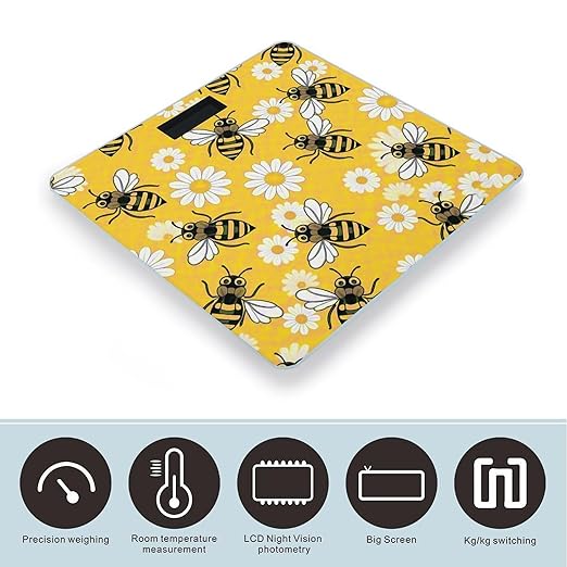 Bee Daisy Pattern Bathroom Scale for Body Weight LCD Display Digital Bathroom Scale Tempered Glass Bathroom Weight Scales Fashion Smart Scales for Home Bedroom 400 Lb