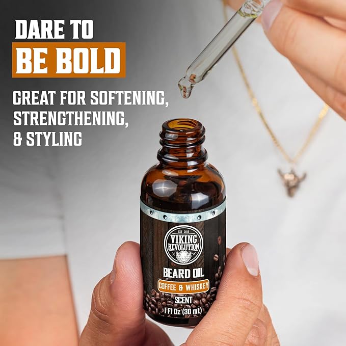 Viking Revolution - Ultimate Beard Kit Coffee and Whiskey - Beard Grooming Kit for Men with Beard Brush Beard Comb Beard Balm Beard Oil Beard and Moustache Scissors - Husband Gifts for Men