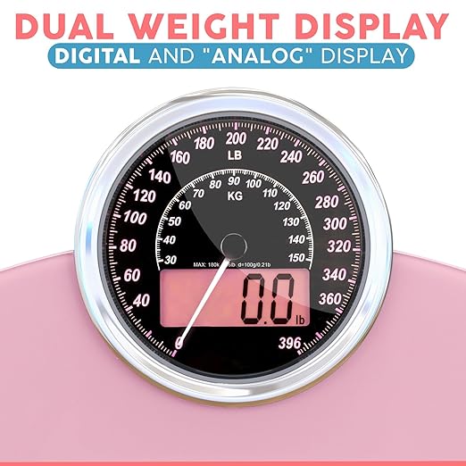Adamson Hybrid 2-in-1 Analog &amp Digital Weighing Scale for Body Weight up to 400lbs - Thick Tempered Glass - Extra Large Display - Easy to Read Digital Bathroom Scale - New - Pink