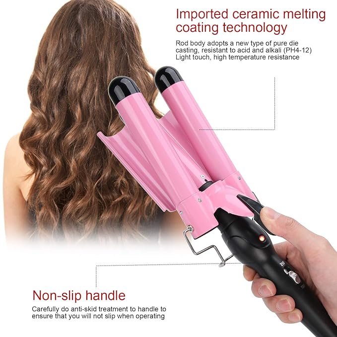3 Barrel Hair Waver Adjustable Temperature Hair Crimper Heats up Quickly Crimping Iron for Hair Compatiable for All Hairstyles(US-pink28mm)